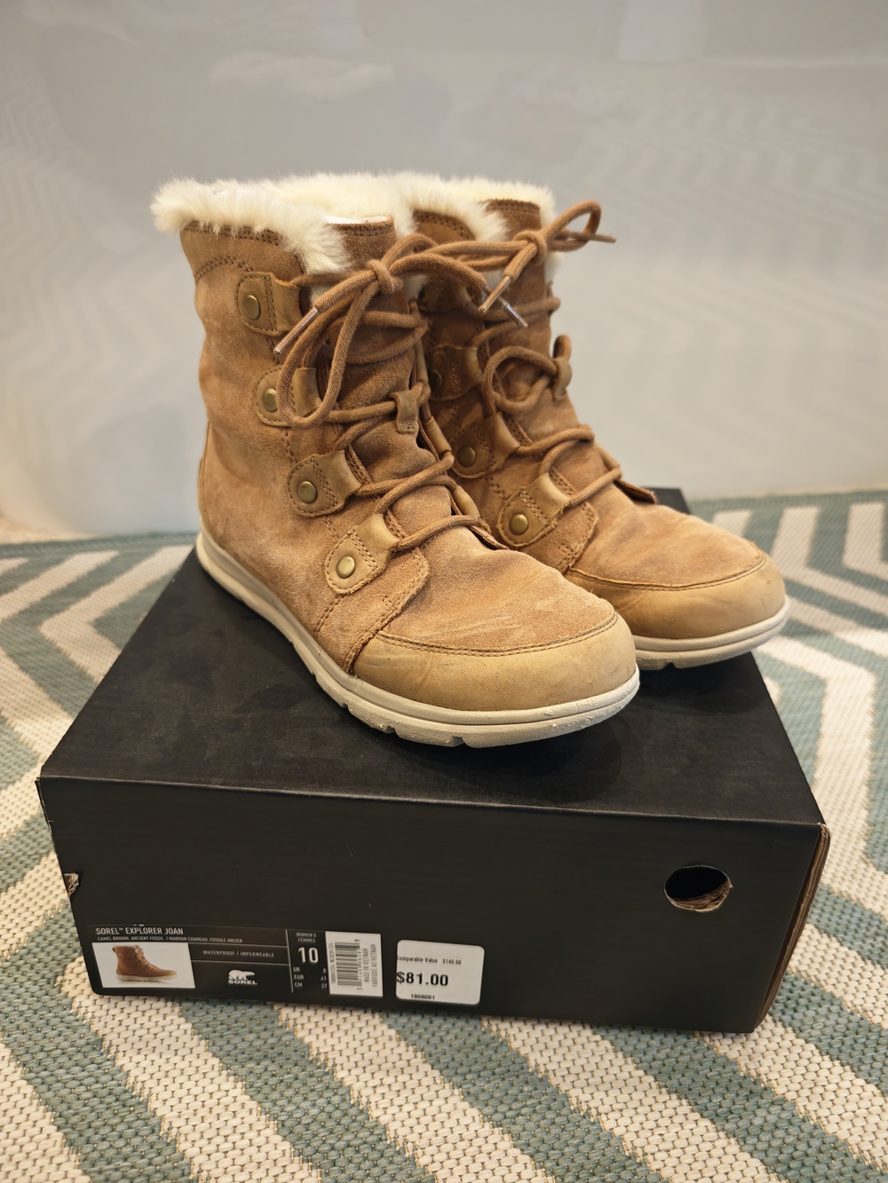 Sorel Explorer Joan Waterproof Suede Lace-Up Winter Boots with Faux Fur Collar